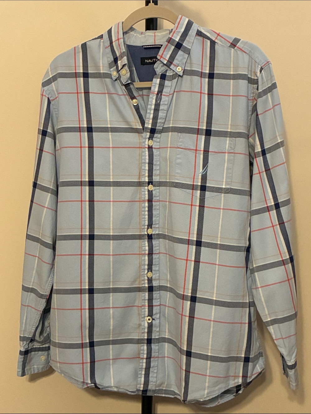 Nautica Light Blue Plaid Button-Down Shirt Navy & Red Accents Cotton Medium